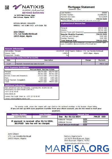 Downloadable Algeria Natixis Algerie bank mortgage statement scr template